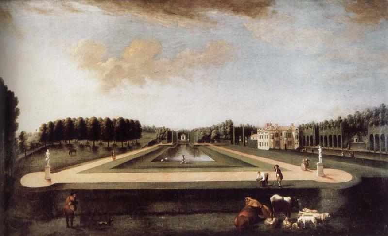 unknow artist Axial view of the canal from the south showing Gibbs-s temple at the end of the Canal,the house and topiary alleys on the west side